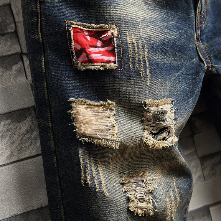Men Ripped Short Jeans Summer Cotton Knee Length Shorts Breathable Vintage Denim Pants Painted Graffiti Streetwear Cargo Jeans PlatiNum