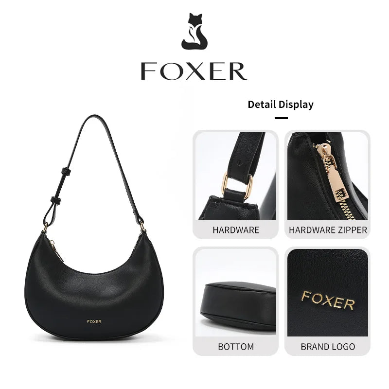 FOXER Brand Women's Shoulder Bag Soft PU Leather Female Handbag Simple Daliy Half-moon Bag Large Capacity Purse New Year Gift
