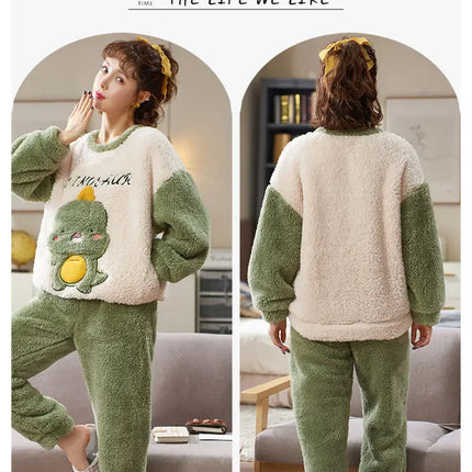 Couples Pajamas Women Men Winter Thicken Pyjamas Sleepwear Cartoon Dinosaur Korean Lovers Homewear Soft Warm Hoodies Pijama