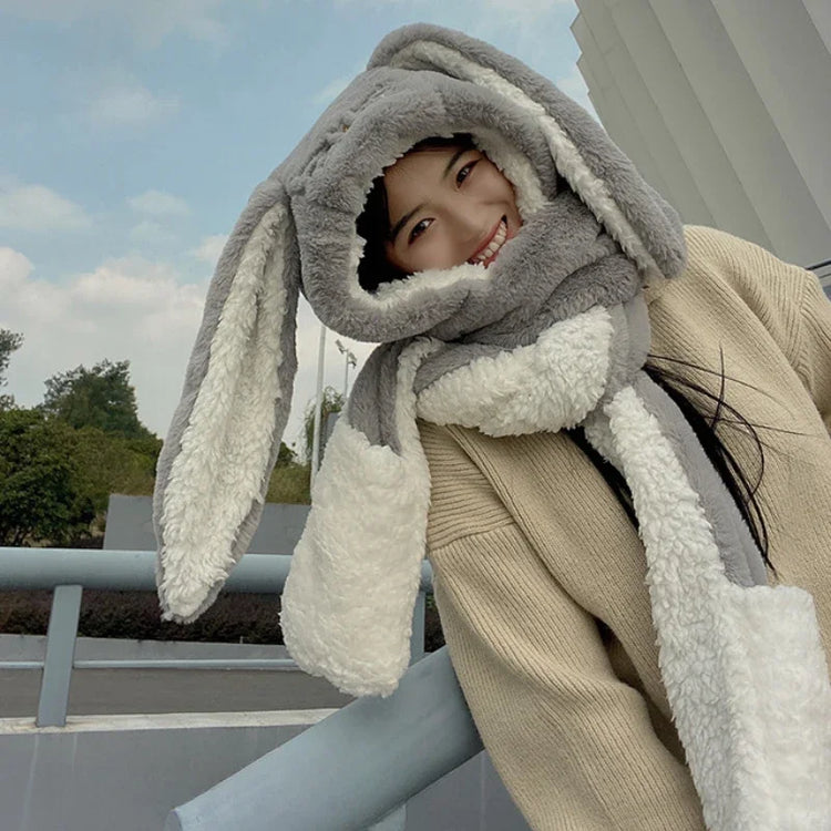 New Fashion Scarf Hat Glove Women Cute Big Ear Bunny Beanie Winter Warm Soft Thickening Pocket Warm Ear Hats Hooded Skullie Caps