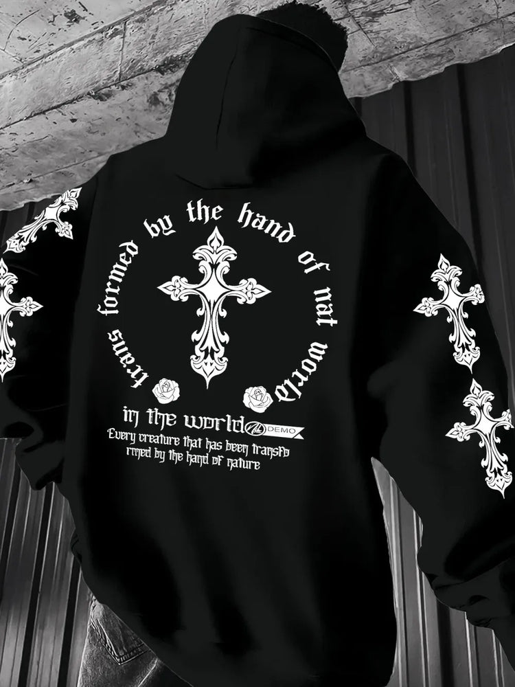 2026 Royal Blue Gothic Cross Hoodie Men Women Rose Print Oversized Pullover Y2K Streetwear Casual Sweatshirt