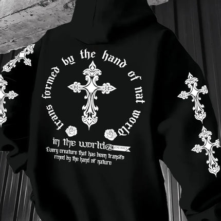 2026 Royal Blue Gothic Cross Hoodie Men Women Rose Print Oversized Pullover Y2K Streetwear Casual Sweatshirt