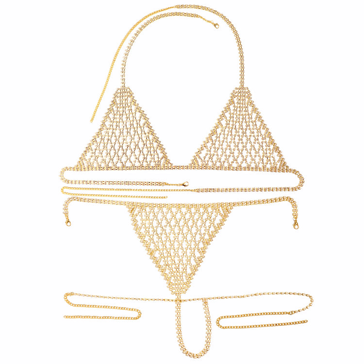 Women Rhinestone Bikini Set Sparkly Crystal Mesh Lingerie 2 Piece Halter Triangle Bra and Panty Club Party Outfit