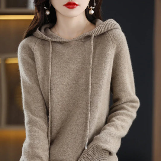 Cashmere Hooded Sweater Women Autumn Winter Long Sleeve Solid Color Knitted Hoodies Lady Loose Drawstring Casual Pullover Hoodie