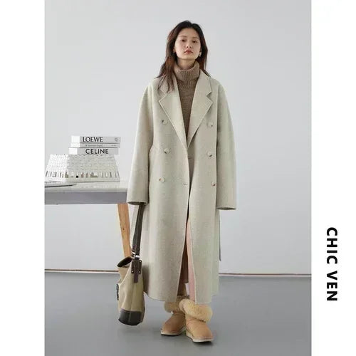 CHIC VEN Women Long Double-sided Woolen Coats Retro Loose Female Overcoat Double Breasted Ladies Windbreak Autumn Winter 2026