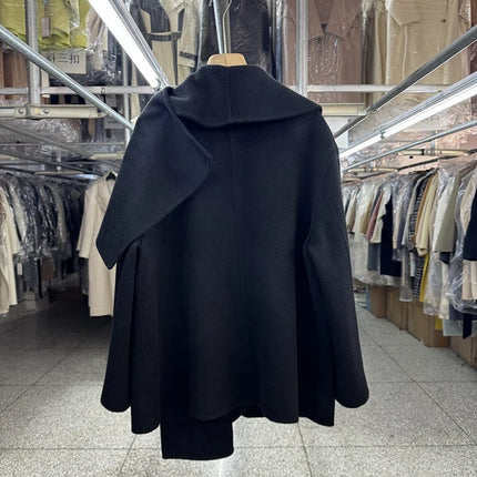Scarf Collar 100%Wool Coat Women, Korean Fashion Elegant Outerwear, Loose Autumn Winter Jacket