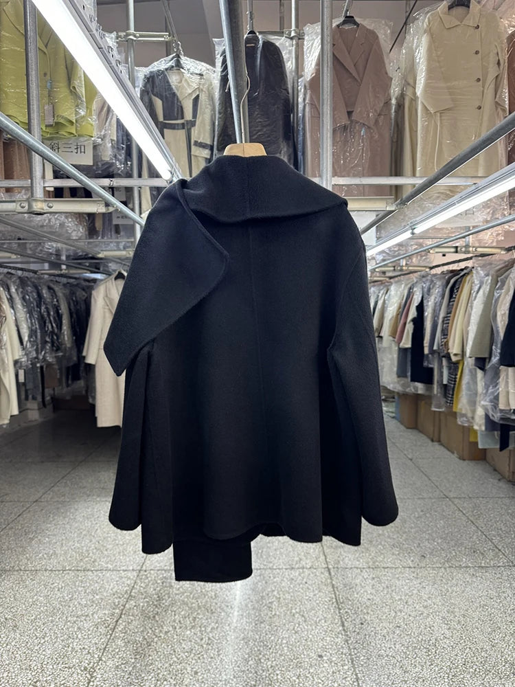 Scarf Collar 100%Wool Coat Women, Korean Fashion Elegant Outerwear, Loose Autumn Winter Jacket