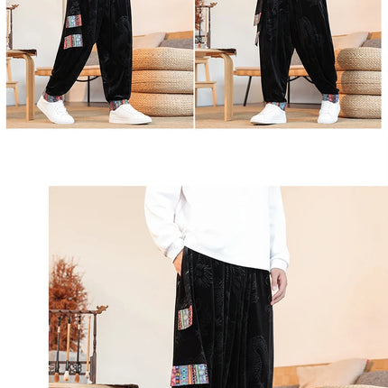 Pantaloni da uomo Kung Fu Tai Chi Pantaloni casual tradizionali da uomo stile cinese retrò allentato fiore scuro drago stampa pantaloni a gamba larga da uomo