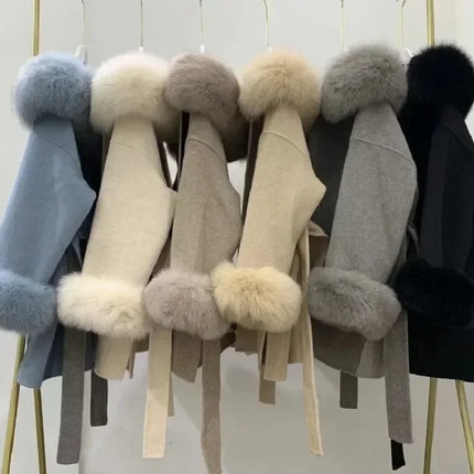 OFTBUY Omen Double Face Wool Coat Natural Fur Coat Wool Blend Jacket Winter Warm Elegant Long Sleeve Fur Cuffs Fashion Outerwear
