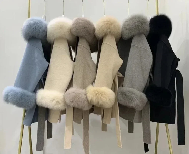 OFTBUY Omen Double Face Wool Coat Natural Fur Coat Wool Blend Jacket Winter Warm Elegant Long Sleeve Fur Cuffs Fashion Outerwear