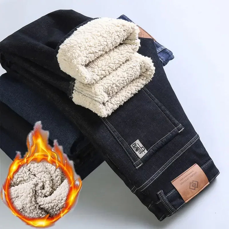 Winter Warm Fleece Jeans Men 2025 Straight Stretch Thick Casual Thermal Denim Pants Male Business Work Trousers New Men Clothing