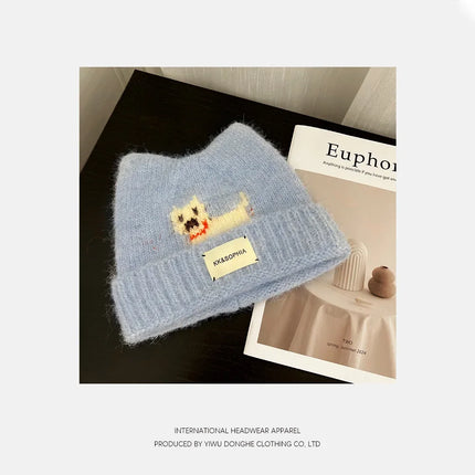 Cute Cartoon Kitten Ear Woolen Cap for Women Warm Cold-proof Autumn Winter Puppy Pattern Knitted Hat Fashion Sweet Crochet hats