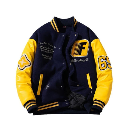 Winter Loose bomber jacket Men Woolen Retro Cotton Liner parkas couple streetwear PU leather sleeves baseball jacket chaquetas
