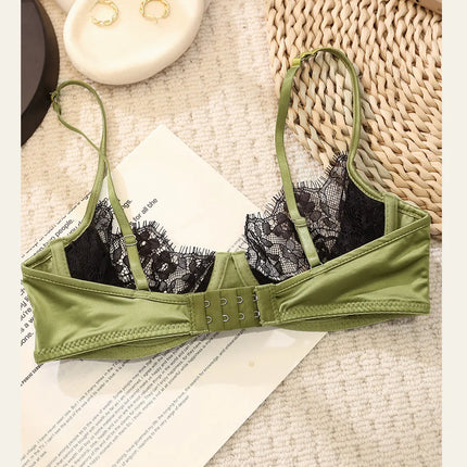 MOYISU No‑Wire French Lace Half‑Cup Bra Set Women Ultra‑Thin Transparent Green Lingerie, Daily Brassiere 32‑38 AB for Small Bust