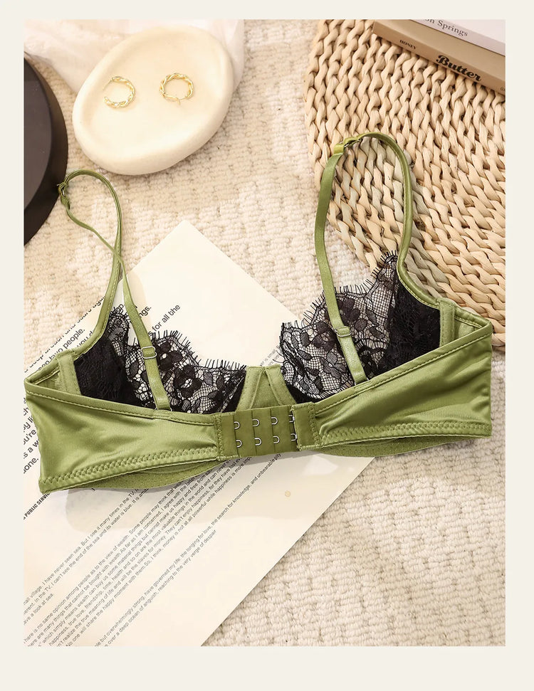 MOYISU No‑Wire French Lace Half‑Cup Bra Set Women Ultra‑Thin Transparent Green Lingerie, Daily Brassiere 32‑38 AB for Small Bust