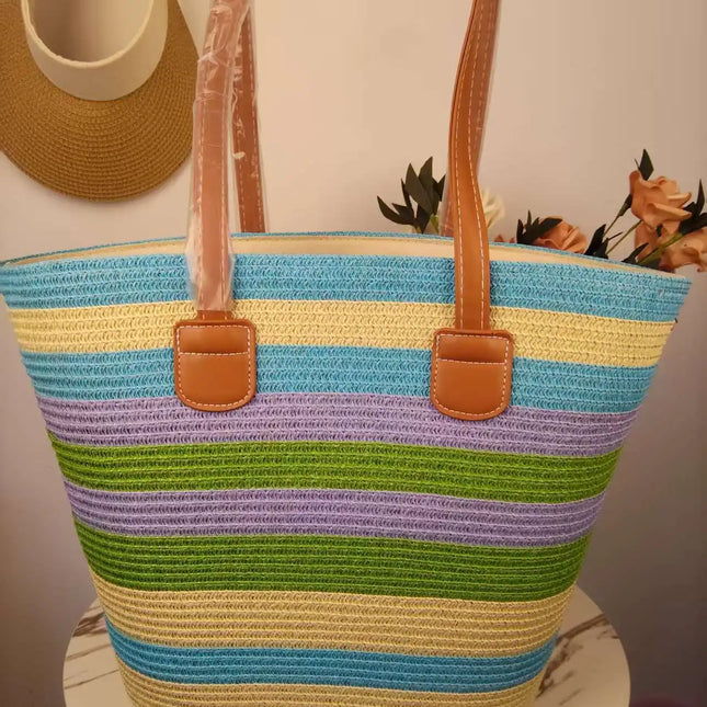 Large Woven Straw Tote Bag for Summer Holidays 2025, Simple Color Contrast Handbag, Women's Casual Luxury Style