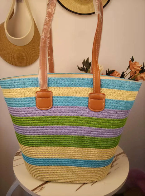 Large Woven Straw Tote Bag for Summer Holidays 2025, Simple Color Contrast Handbag, Women's Casual Luxury Style