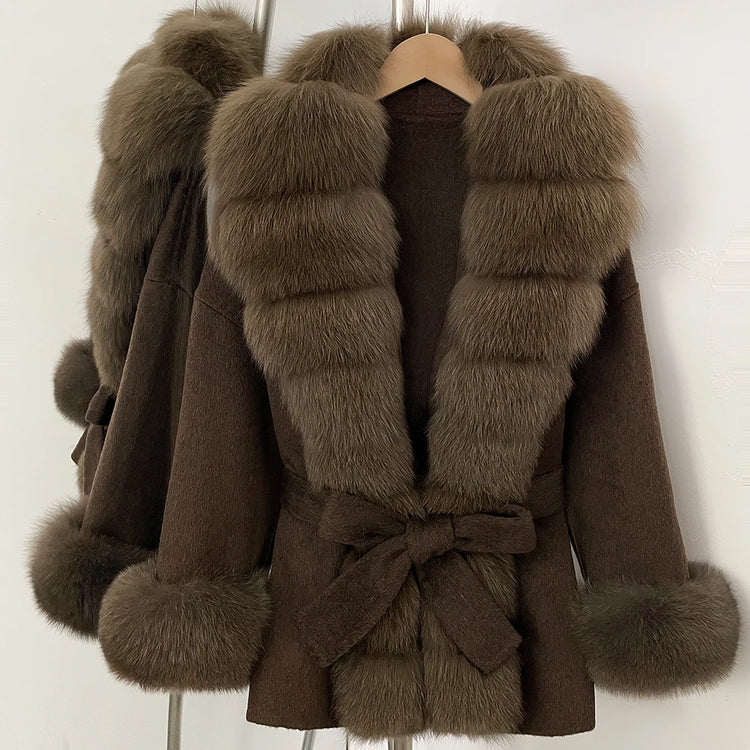 Real Fur Wool Jacket Fashion Reality Fur Jacket Women Natural Fox Fur Cuffs Winter Clothing Female Elegant with Belt Woolen Coat