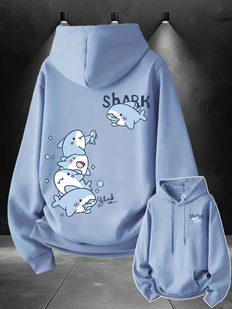 2026 Hoodie men's cute stacked cartoon shark pattern print autumn and winter loose casual pullover sweatshirt