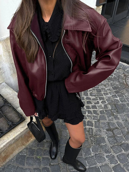 2025 New Fashion PU Leater Loose Jacket Women Autumn Lapel Zipper Long Sleeve Outerwears Streetwear Burgundy Female Bomber Coats
