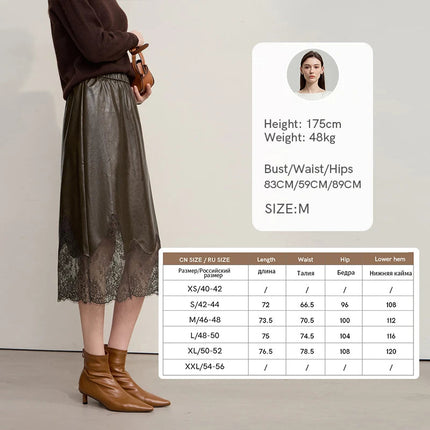 AMII Women's Skirt 2025 Autumn New Minimalist Versatile Clothing Ladies Leather Splicing Lace Solid A-line Midi Skirt 12543095 PlatiNum