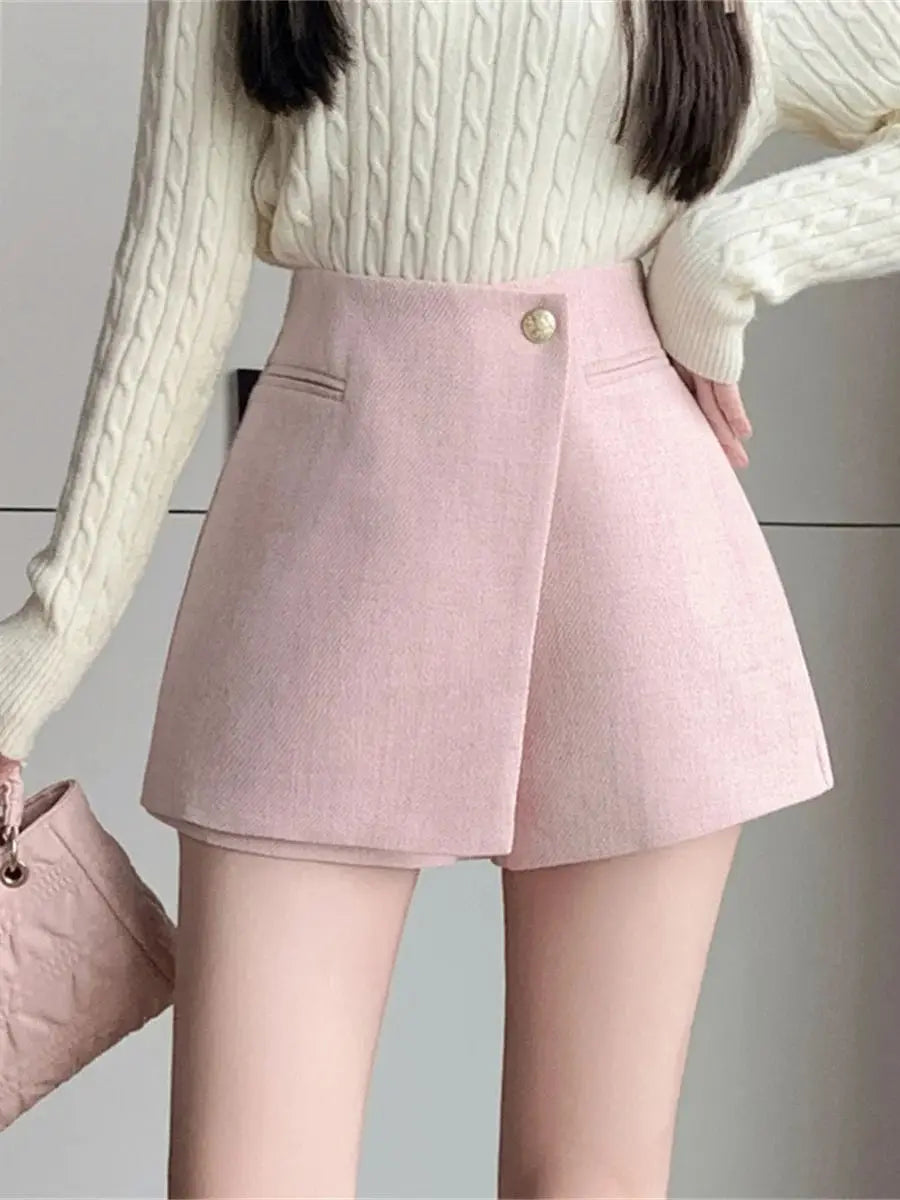 Autumn New Solid Woolen Shorts Skirt For Women 2025 New Fall Winter Small Fragrant Style Buttons Deco High Waisted Tweed Shorts