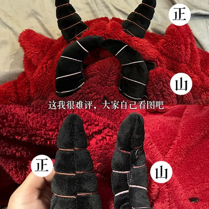 Virtual Alice Dark Gothic Demon Death Skull Horned Hooded Robe Thickened Coral Fleece Winter Warm Long Sleepwear Loungewear