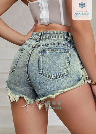 Women's High Rise Light Wash Destroyed Denim Shorts Casual Jeans Summer Fashion Must-Havefor Teen Girls Ripped Hem Jean Hotpants PlatiNum