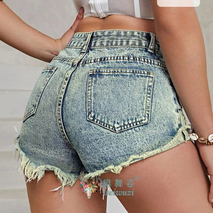 Women's High Rise Light Wash Destroyed Denim Shorts Casual Jeans Summer Fashion Must-Havefor Teen Girls Ripped Hem Jean Hotpants PlatiNum