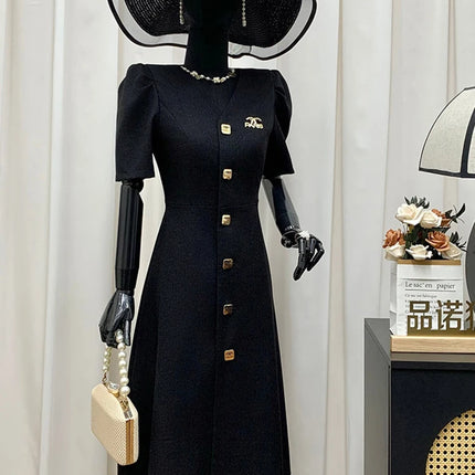 Women's Lautaro Spring-Summer Black Slim Elegant Dresses, V-Neck with Puff Short Sleeves and Buttons, Chic Luxury Designer Clothing