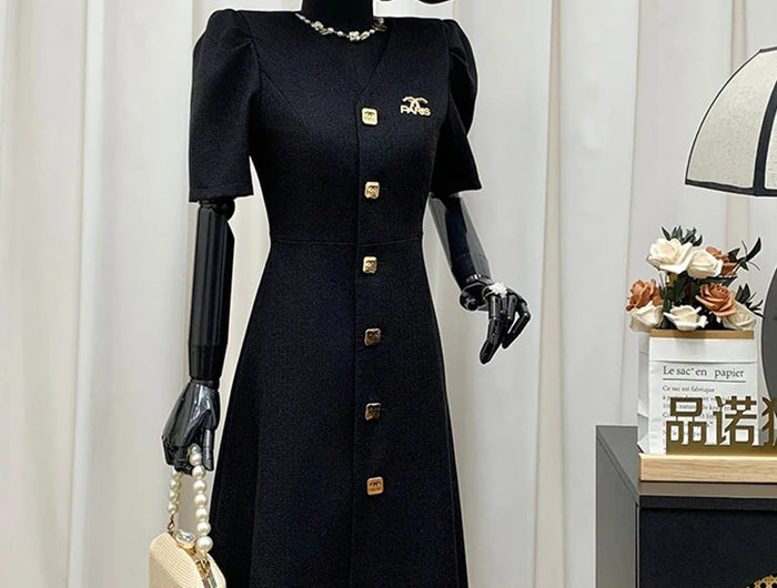Women's Lautaro Spring-Summer Black Slim Elegant Dresses, V-Neck with Puff Short Sleeves and Buttons, Chic Luxury Designer Clothing