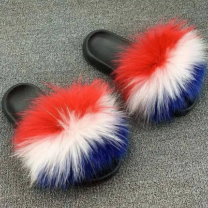 Real Raccoon Fur Slippers for Women 2023 Summer Fluffy Indoor Home Fuzzy Flat Slides Outdoor Fashion Beach Sandals Flip Flops