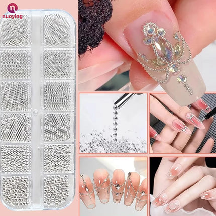 12Grid Metal Micro Caviar Beads Nail Art Charms, Gold Silver Mini Balls, 3D Nail Gem Decor with Magnetic Pen for DIY Nail Decoration