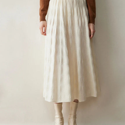Women Cashmere Skirt A-Line Jacquard Elastic Waist Flared Skirt Autumn Winter 100% Cashmere Knitted Office Lady Curled Hem Dress PlatiNum