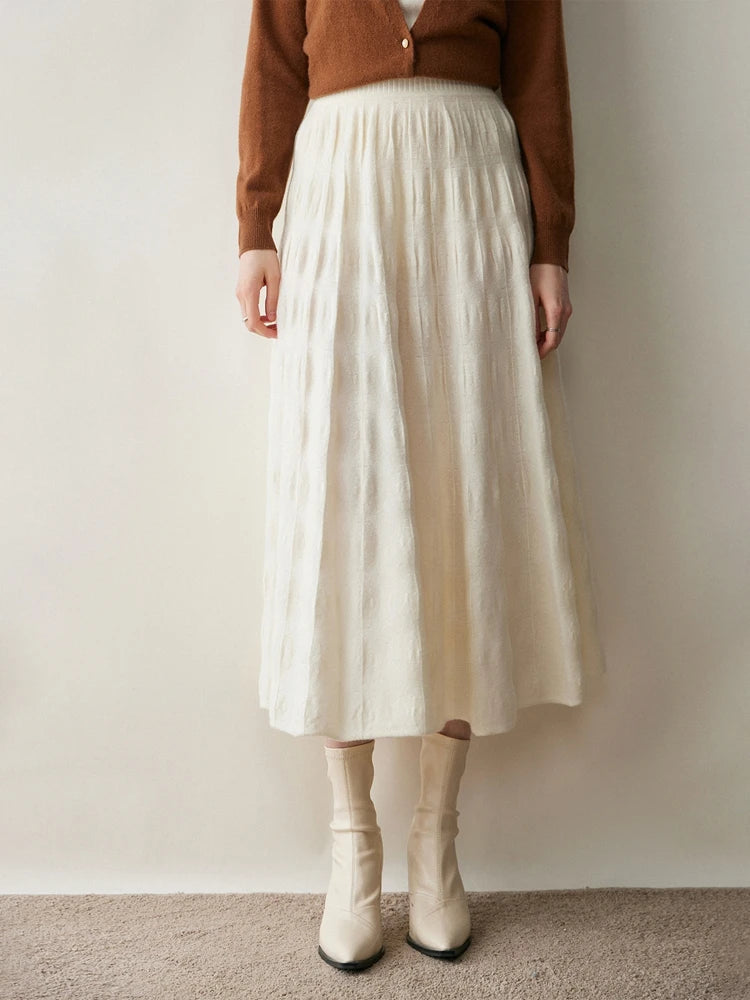 Women Cashmere Skirt A-Line Jacquard Elastic Waist Flared Skirt Autumn Winter 100% Cashmere Knitted Office Lady Curled Hem Dress PlatiNum