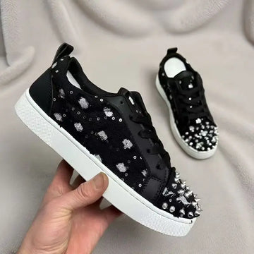 Handcrafted Custom-Made Sequined Rivet Casual Shoes, White Large-Sized Low-Top Lace-Up Sports Shoes 36-44