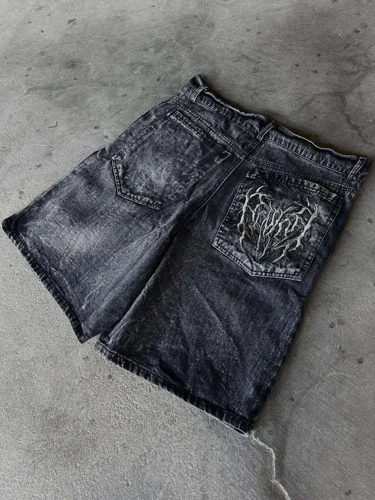 Pantaloncini Larghi Unisex Stile Gotico Retrò Y2K, Jeans Phantom con Ricamo a Ragno, Streetwear Hip Hop