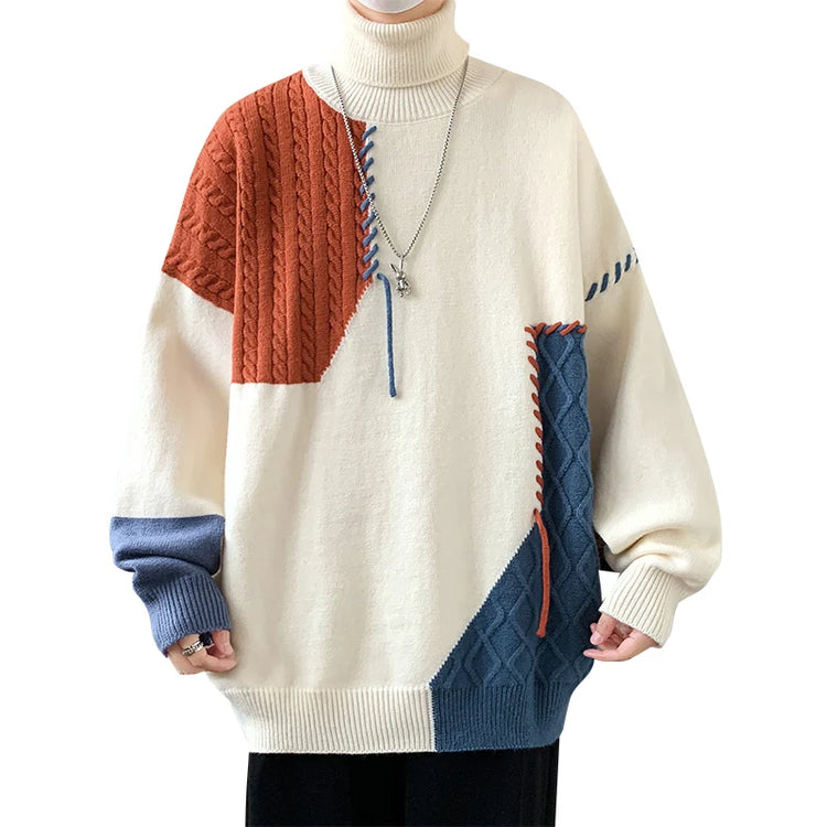 Autumn Winter Knit Turtleneck Sweater Men Fashion Patchwork Knitted Pullovers Mens High Quality Casual Sweaters Warm Streetwear