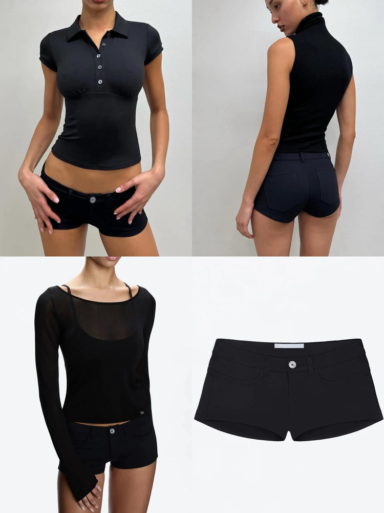 Tank Summer Women's Black Ultra-Short Shorts, Low-Waist Tight-Fitting Hot Pants, Suitable for All Kinds of Basic Styles with Camisoles and Short Sleeves PlatiNum