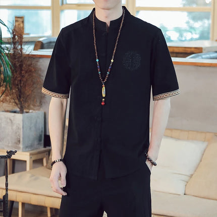 Camicie da Uomo Ricamate in Stile Cinese Retrò, Traspiranti in Lino, Comode, Casual Kung Fu, Abito Tang con Colletto Rialzato