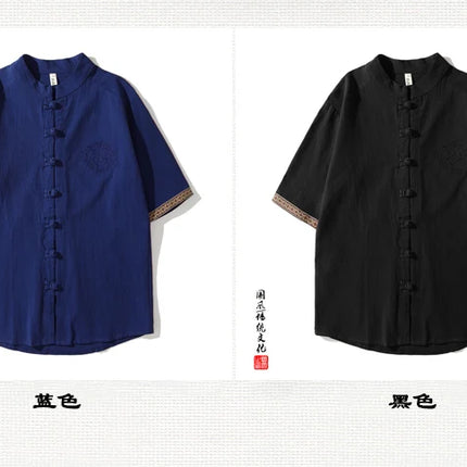 Camicie da Uomo Ricamate in Stile Cinese Retrò, Traspiranti in Lino, Comode, Casual Kung Fu, Abito Tang con Colletto Rialzato