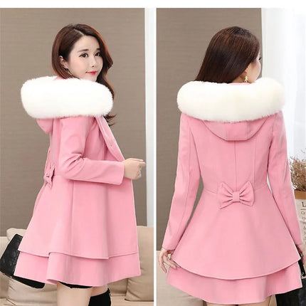 2023 New Winter Women's Woolen Blend Coat A-Line Double-Breasted Jackets Female Fur Collar Office Lady Wool Outwear