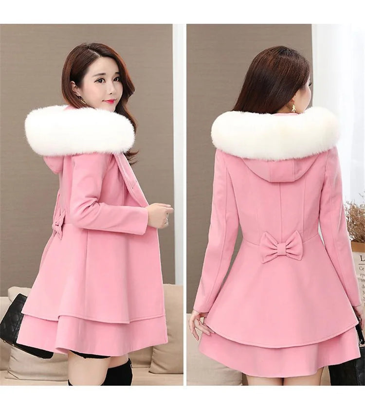 2023 New Winter Women's Woolen Blend Coat A-Line Double-Breasted Jackets Female Fur Collar Office Lady Wool Outwear