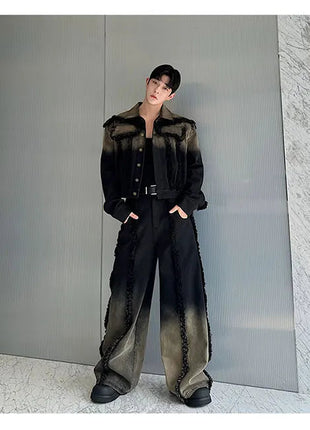 2025 New Men Denim Jacket and Jeans Set Two Piece Gradient Color Frayed Design Loose Fit High End Street Fashion Youth Trendy PlatiNum