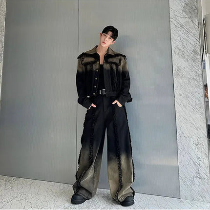 2025 New Men Denim Jacket and Jeans Set Two Piece Gradient Color Frayed Design Loose Fit High End Street Fashion Youth Trendy PlatiNum
