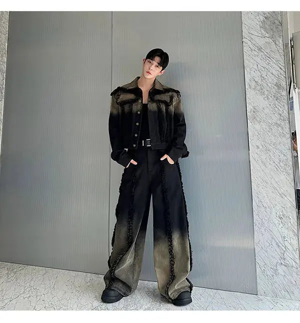 2025 New Men Denim Jacket and Jeans Set Two Piece Gradient Color Frayed Design Loose Fit High End Street Fashion Youth Trendy PlatiNum
