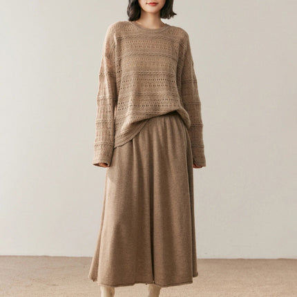 Women's 100% Pure Cashmere Skirt Autumn Winter Mid-calf A-line Knitted Full Skirt High Waist Soild Dress Elegant Basic High-end PlatiNum