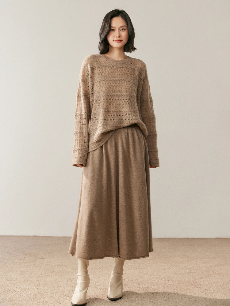 Women's 100% Pure Cashmere Skirt Autumn Winter Mid-calf A-line Knitted Full Skirt High Waist Soild Dress Elegant Basic High-end PlatiNum