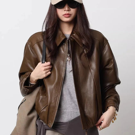 Soft Sheepskin Genuine Leather Cropped Jacket Women Lapel Zip Up Snap Button Side Pockets Casual Autumn Real Leather Outerwear