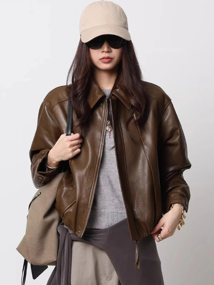 Soft Sheepskin Genuine Leather Cropped Jacket Women Lapel Zip Up Snap Button Side Pockets Casual Autumn Real Leather Outerwear